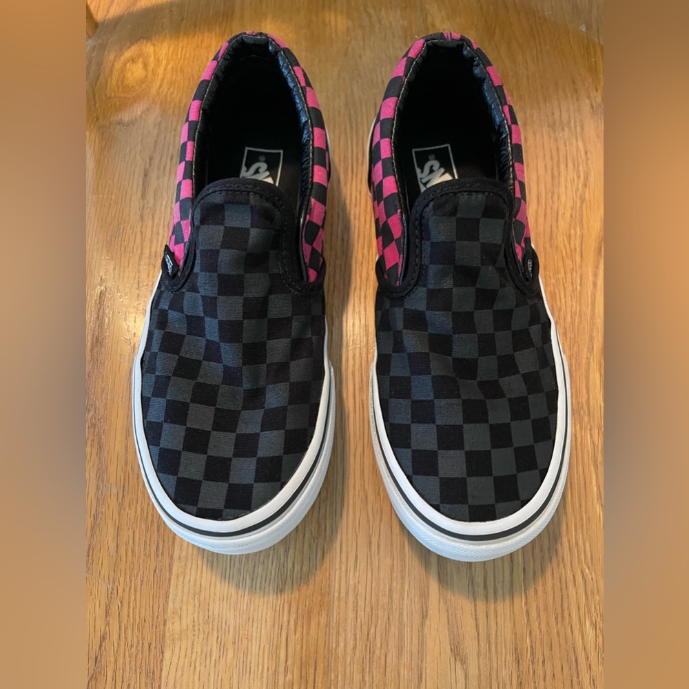Vans Pink, Black & Gray checkerboard slides